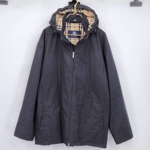 Burberry London Black Raincoat Nova Check Lining Detachable Hood Men's XL
